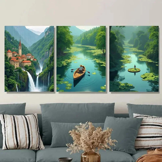 3pcs Scenic Waterfall Village Vibrant Nature Metal Print Ready to Hang Art