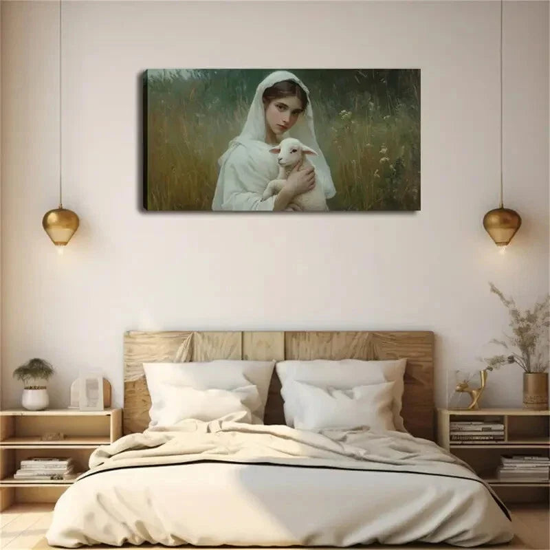 Woman Holding A Little Lamb Wall Art Canvas Office Home Room Framed 120x60cm