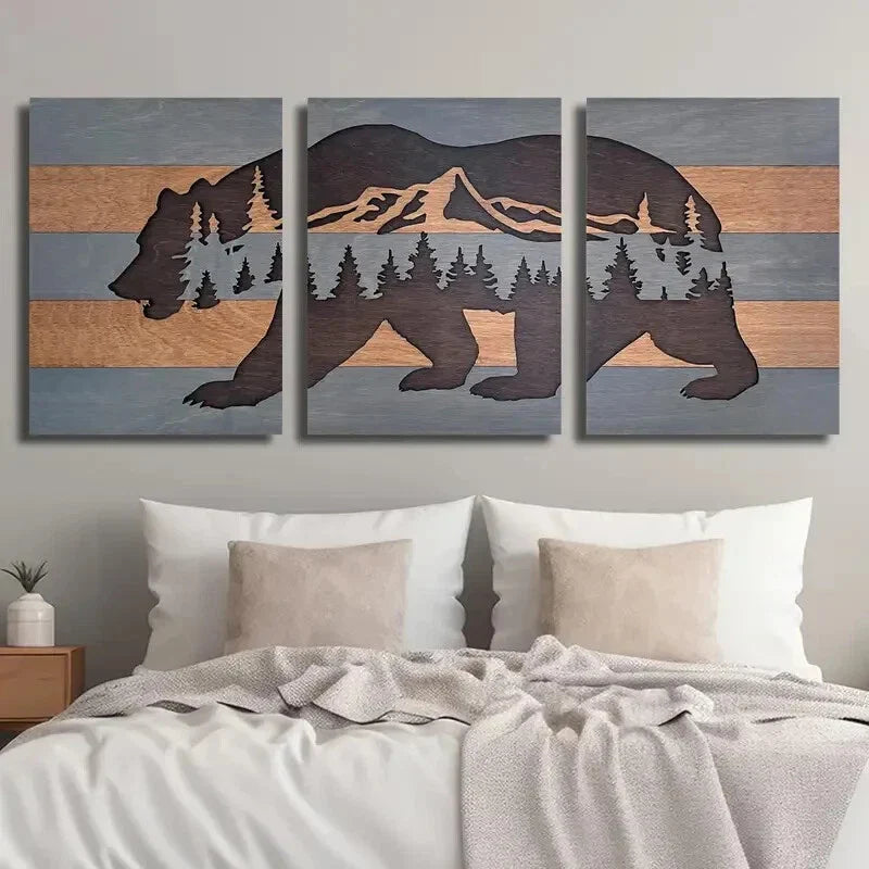 3pcs Woodcut Style Tree Forest Bear Wall Art Set Canvas Framed 40x60cm - High Quality Print 100% Australian Made Wall Canvas Ready to Hang