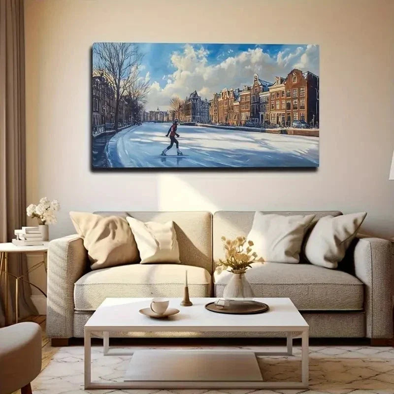 Winter Canal Scene Skater Wall Art Canvas Office Home Room Framed 120x60cm