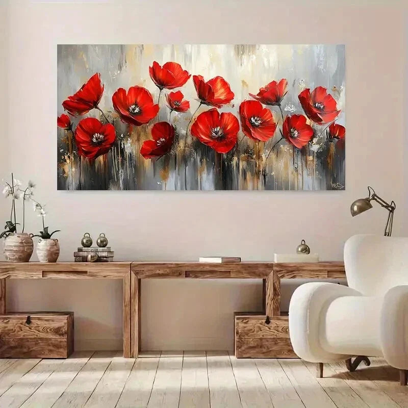 Vibrant Red Flowers & Textured Wall Art Canvas Office Home Room Framed 80x45cm
