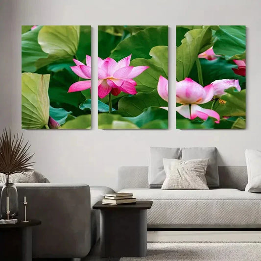 3pcs Vibrant Pink for Lotus Blossoms Surrounded Metal Print Ready to Hang Art
