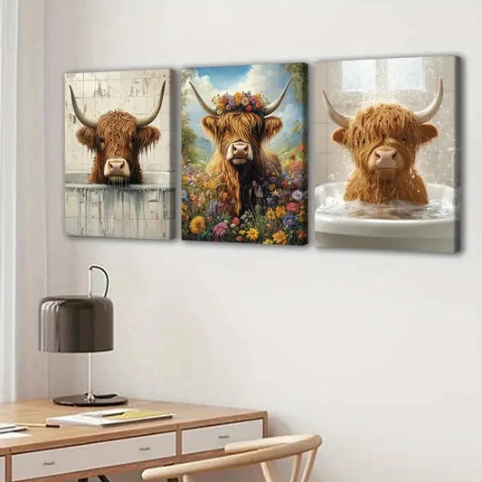 3pcs Highland Cows Blue Sky & White Clouds Brown Wall Art Set Canvas Framed 40x60cm - High Quality Print 100% Australian Made Wall Canvas Ready to Hang