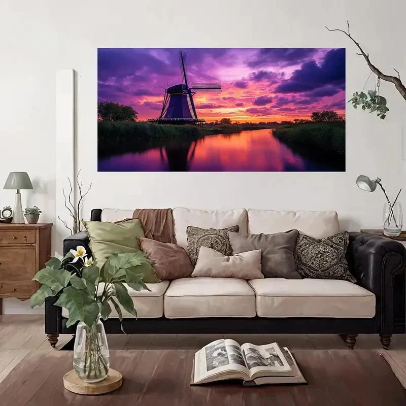 Countryside Sunset Windmill Wall Art Canvas Office Home Room Framed 120x60cm