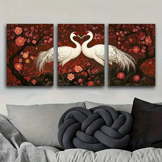 3pcs The white crane is in the peach forest Metal Print Ready to Hang Art