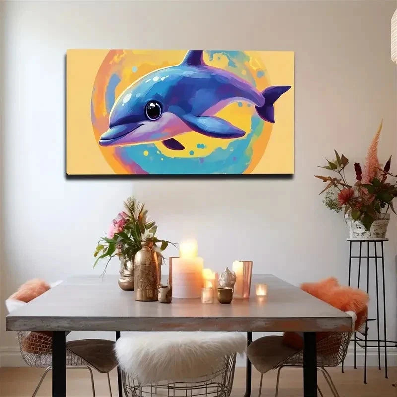 Vibrant Abstract Dolphin Round Wall Art Canvas Office Home Room Framed 120x60cm