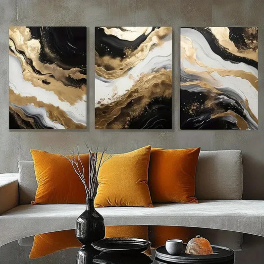 3pcs Black and White Abstract Black Golden Metal Print Ready to Hang Art
