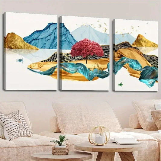 3pcs Abstract Golden new Chinese forest landscape Wall Art Set Canvas Framed 40x60cm - High Quality Print 100% Australian Made Wall Canvas Ready to Hang