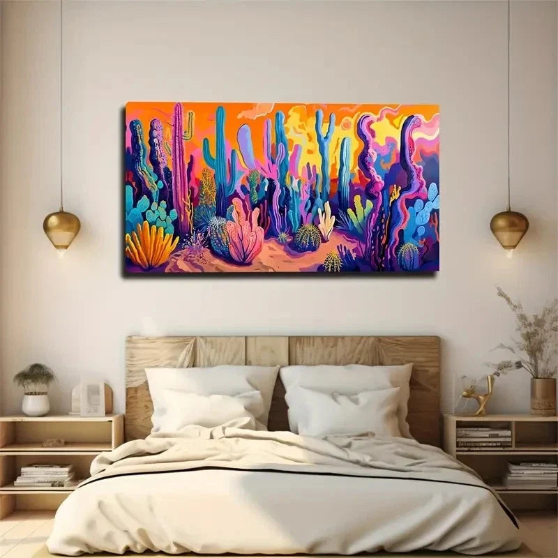 Vibrant Colorful Cactus Lands Wall Art Canvas Office Home Room Framed 120x60cm