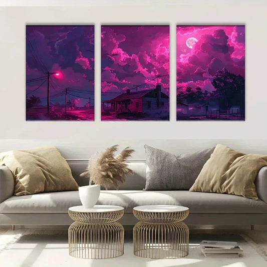 3pcs Pink and Purple Stormy Sky Triptych Metal Print Ready to Hang Art