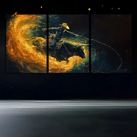 3pcs Western Cowboy Rodeo Yellow Black Metal Print Ready to Hang Art