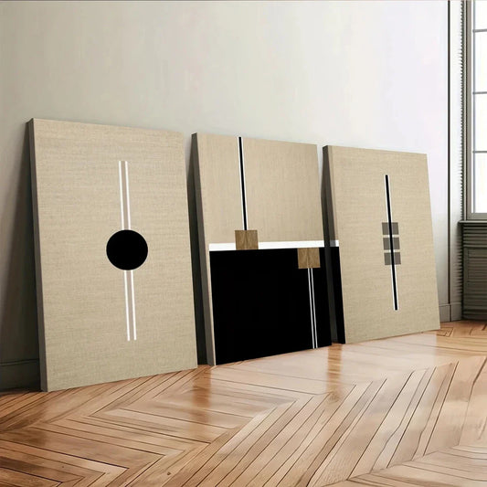 3pcs Black Round Box Lines White Lines Wall Art Set Canvas Framed 40x60cm - High Quality Print 100% Australian Made Wall Canvas Ready to Hang