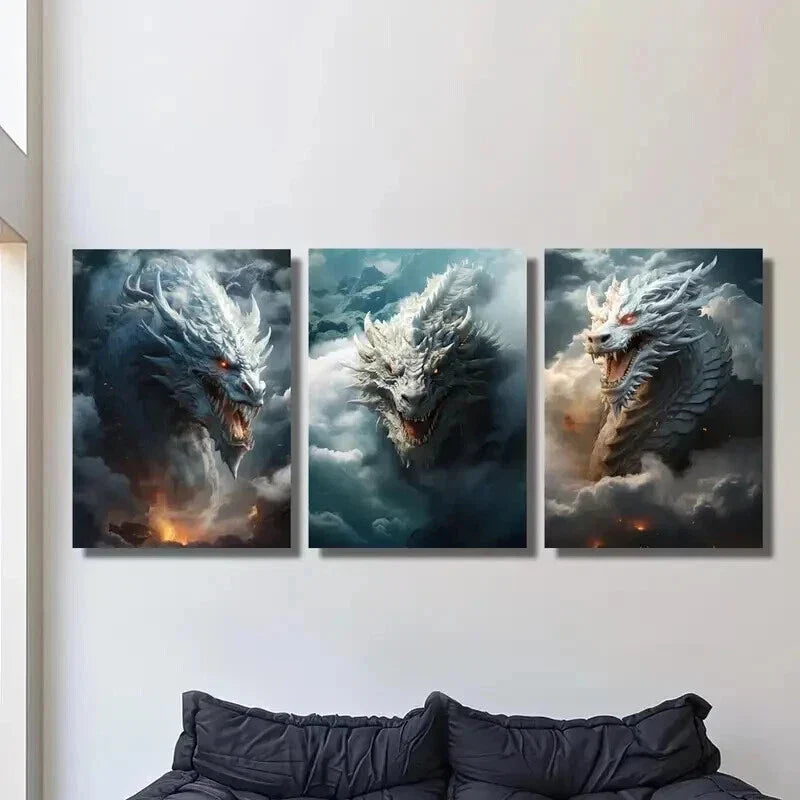 3pcs Fantasy Flying Dragon on the Clouds Wall Art Set Canvas Framed 40x60cm - High Quality Print 100% Australian Made Wall Canvas Ready to Hang
