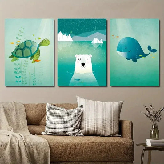 3pcs Cartoon Turtle Polar Bear Sea Animal Whale Metal Print Ready to Hang Art