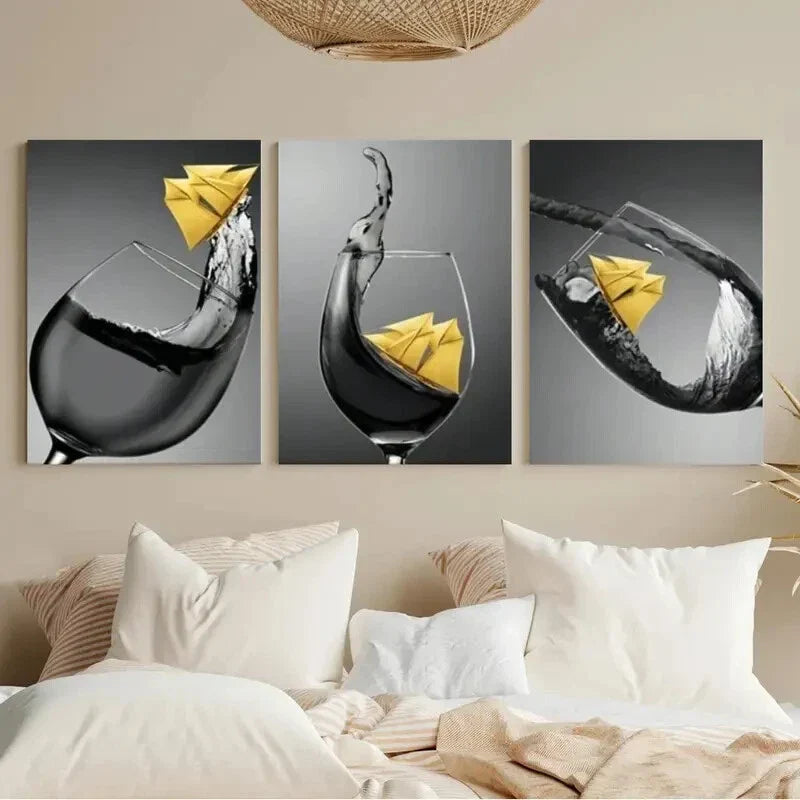 3pcs Black White Yellow Wine Glass Painting Metal Print Ready to Hang Art