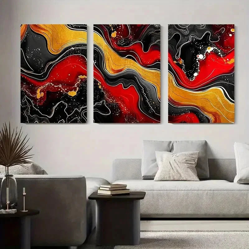 3pcs Black, Red, and Golden Fluid Art with Bold Metal Print Ready to Hang Art
