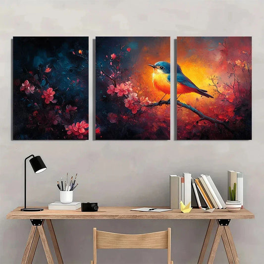 3pcs Vibrant Bird & Floral Colorful Metal Print Ready to Hang Art