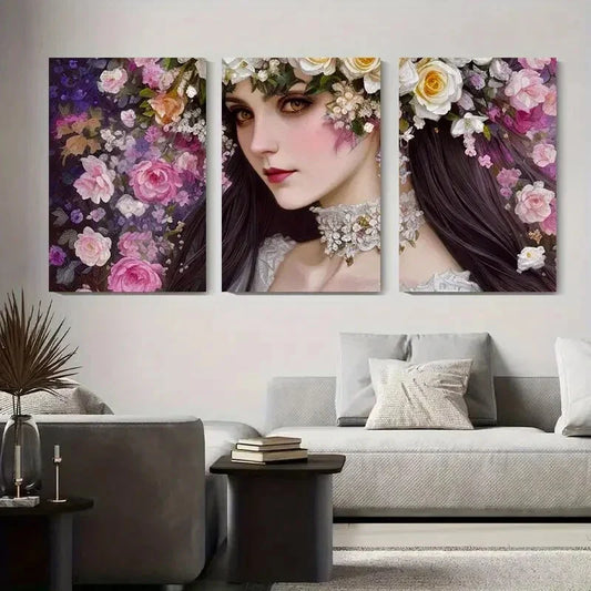 3pcs Elegant Floral Crowned Beauty Woman Metal Print Ready to Hang Art