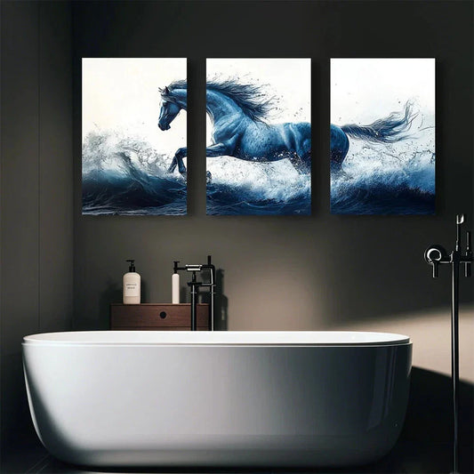 3pcs Blue Horse And Water Wave Metal Print Ready to Hang Art