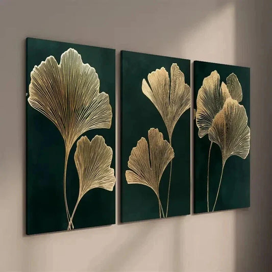 3pcs Emerald Green Golden Ginkgo Leaf Wall Art Set Canvas Framed 40x60cm - High Quality Print 100% Australian Made Wall Canvas Ready to Hang