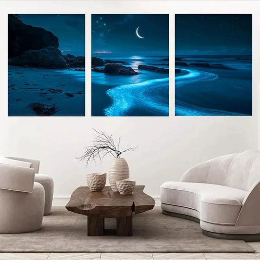 3pcs Mystical Ocean Moonlit Bioluminescent Beach Wall Art Set Canvas Framed 40x60cm - High Quality Print 100% Australian Made Wall Canvas Ready to Hang