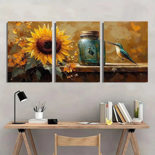 3pcs Sunflower Mason Jar Hummingbird Metal Print Ready to Hang Art