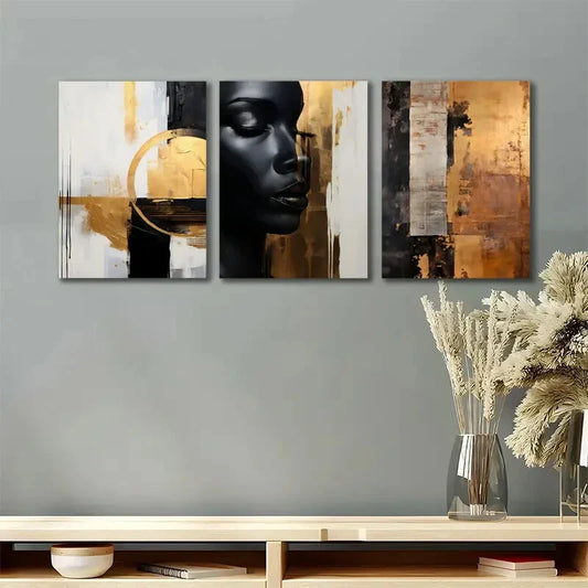 3pcs Golden Woman Golden Black Metal Print Ready to Hang Art