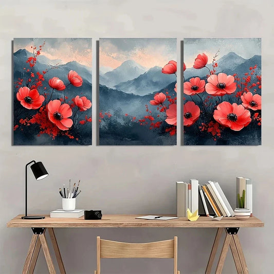 3pcs Painting Fresh Flowers Mountain Metal Print Ready to Hang Art