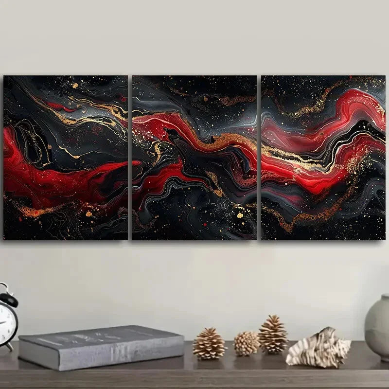 3pcs Abstract Black and Red Modern Style Metal Print Ready to Hang Art