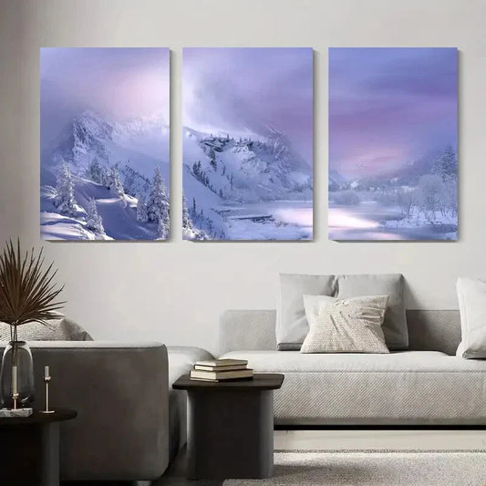 3pcs Winter Wonderland Snowy Mountain & River Metal Print Ready to Hang Art