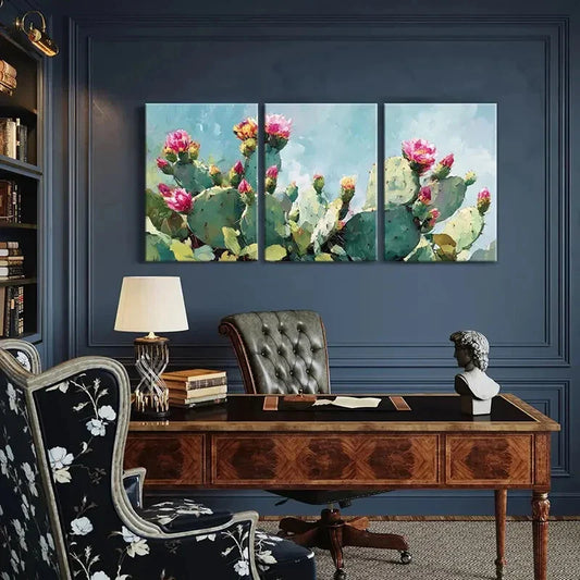 3pcs Vibrant Cactus Bloom Abstract Floral Metal Print Ready to Hang Art