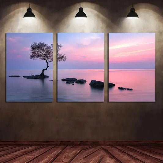 3pcs Serene Sunset Rocks and Mangroves Metal Print Ready to Hang Art