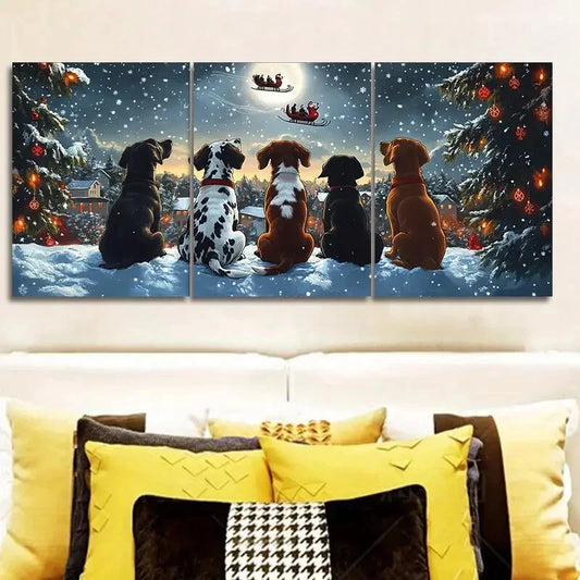 3pcs Festive Dogs Watching Santa Claus, Metal Print Ready to Hang Art