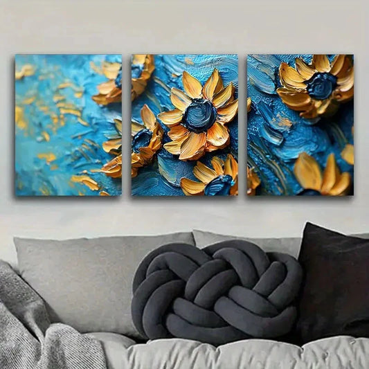 3pcs Sunflower Triptych, Floral Metal Print Ready to Hang Art