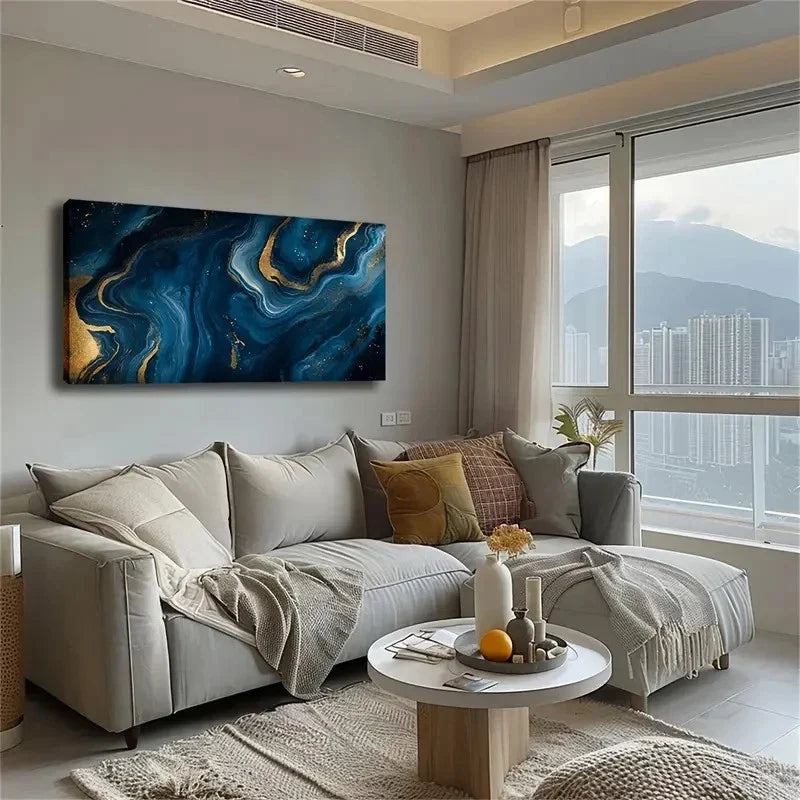 Teal to Blue Swirls And Golden Wall Art Canvas Office Home Room Framed 120x60cm