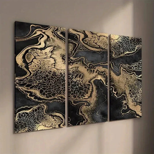 3pcs Abstract Black And Golden Fluid Decor Wall Art Set Canvas Framed 40x60cm - High Quality Print 100% Australian Made Wall Canvas Ready to Hang