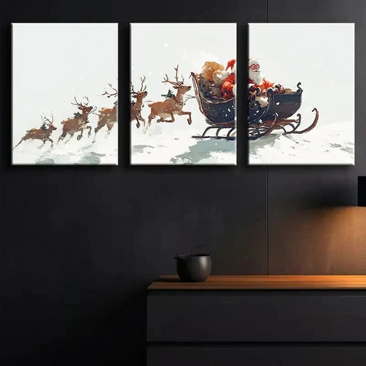 3pcs Santa Claus & Reindeer Sleigh White Snow Wall Art Set Canvas Framed 40x60cm - High Quality Print 100% Australian Made Wall Canvas Ready to Hang