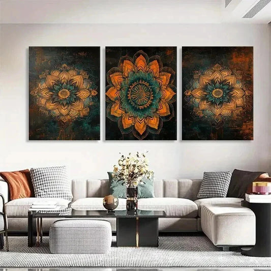 3pcs Mandala Flower Floral Mandala Teal Perfect Wall Art Set Canvas Framed 40x60cm - High Quality Print 100% Australian Made Wall Canvas Ready to Hang