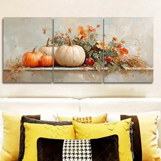 3pcs Paintings of pumpkins and flowers Metal Print Ready to Hang Art