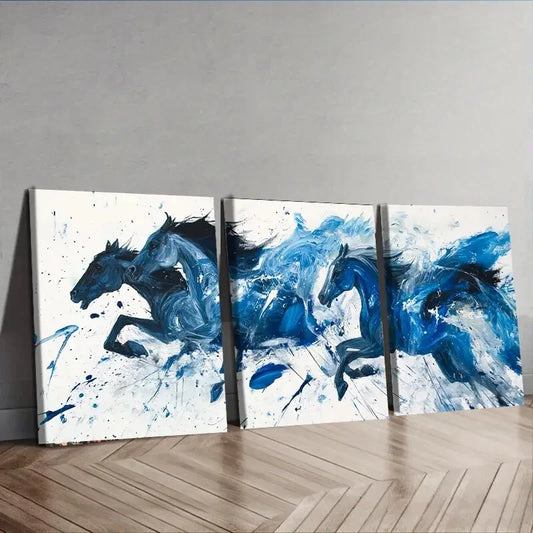 3pcs Black & Blue Horses Painting Décor Wall Art Set Canvas Framed 40x60cm - High Quality Print 100% Australian Made Wall Canvas Ready to Hang
