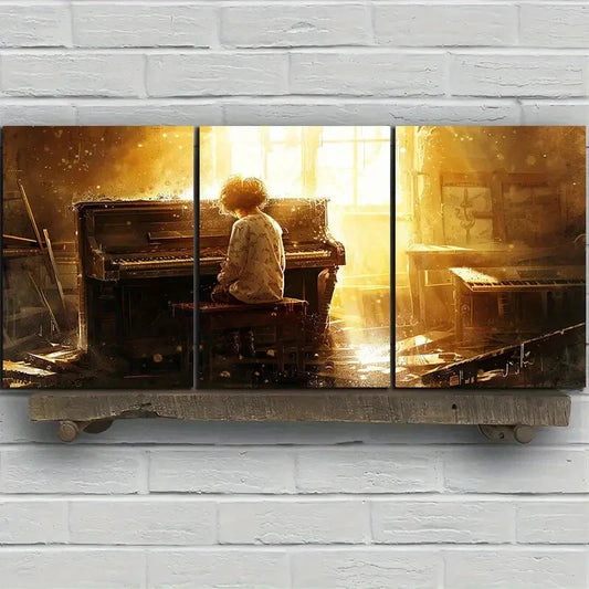 3pcs A Little Boy Playing The Piano Metal Print Ready to Hang Art