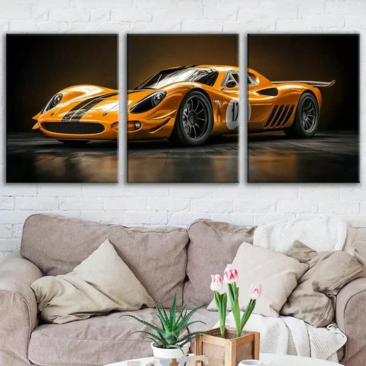 3pcs Abstract Yellow Sport Car Black Gold White Wall Art Set Canvas Framed 40x60cm - High Quality Print 100% Australian Made Wall Canvas Ready to Hang