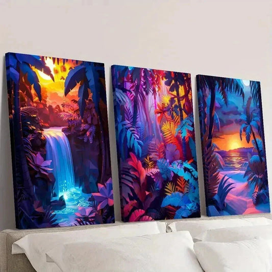 3pcs Tropical Waterfall Jungle Sunset & Beach Wall Art Set Canvas Framed 40x60cm - High Quality Print 100% Australian Made Wall Canvas Ready to Hang