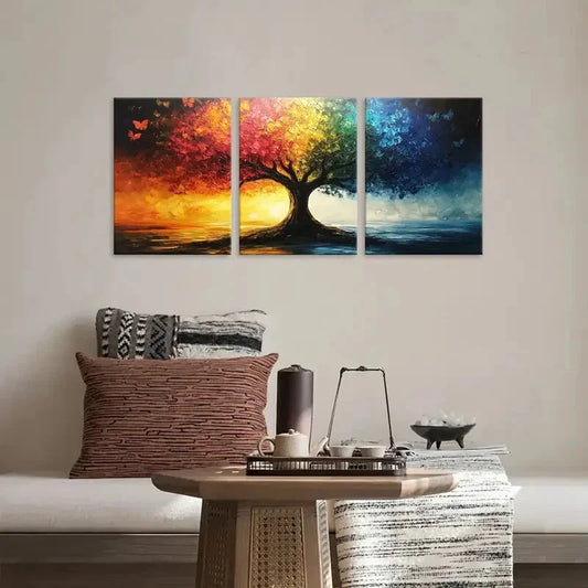 3pcs Oil Painted Tree Modern Sky Blue & Gold Red Wall Art Set Canvas Framed 40x60cm - High Quality Print 100% Australian Made Wall Canvas Ready to Hang