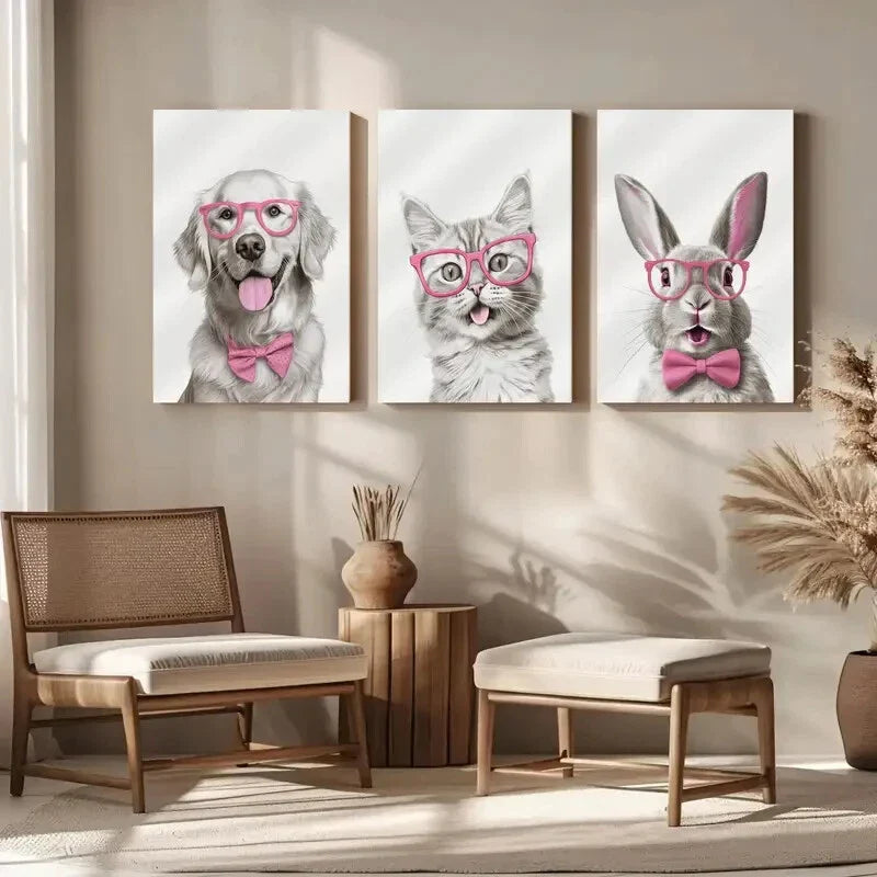 3pcs Dog Cat & Rabbit with Glasses Metal Print Ready to Hang Art