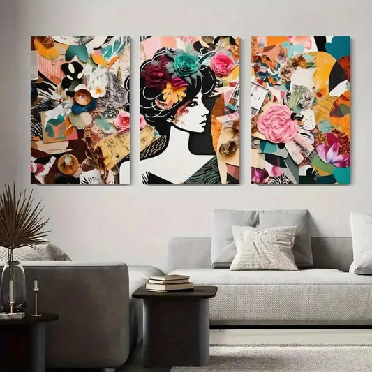 3pcs Abstract Fashion Portraits with Floral Metal Print Ready to Hang Art