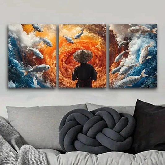 3pcs Fisherman, Koi Art Painting Metal Print Ready to Hang Art