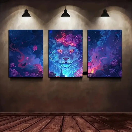 3pcs White Lion Glowing Eyes Fantasy Metal Print Ready to Hang Art