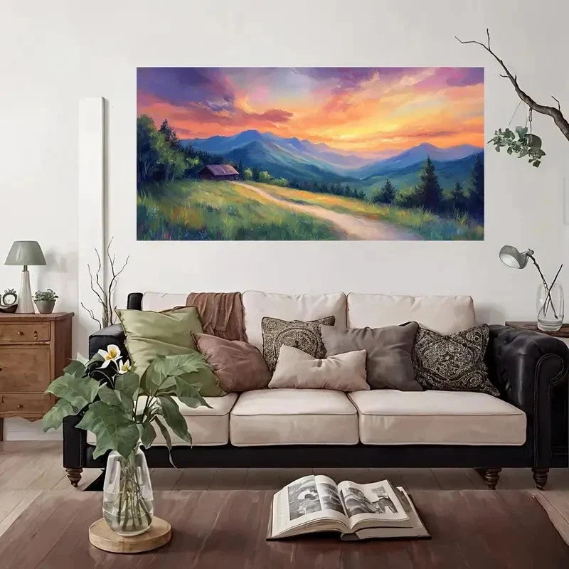 Mountain Cabin Sunset Wall Art Canvas Office Home Room Framed 80x45cm