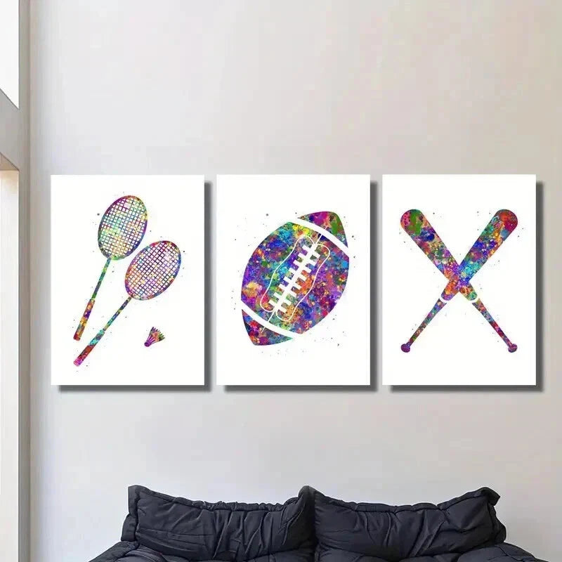 3pcs Rainbow Badminton Football Baseball Wall Art Set Canvas Framed 40x60cm - High Quality Print 100% Australian Made Wall Canvas Ready to Hang